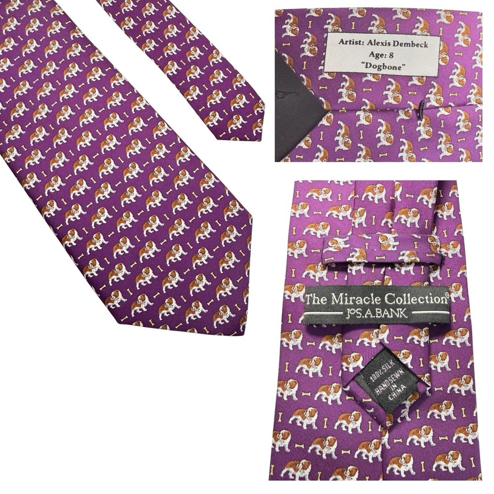 Jos A Bank Bull Dog and Bones Men's Necktie Purple 100% Silk Miracle Collection - Picture 1 of 1